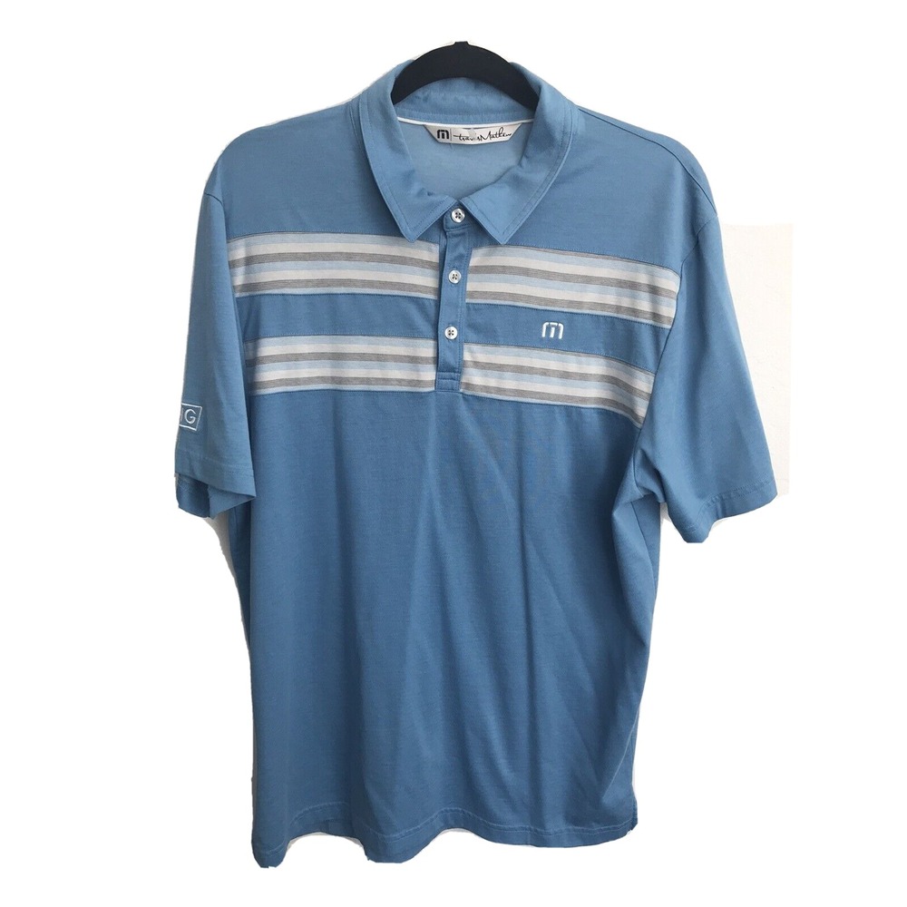 Travis Mathew Mens Golf Polo Shirt Sz L Blue White Pima Cotton Embroidered
